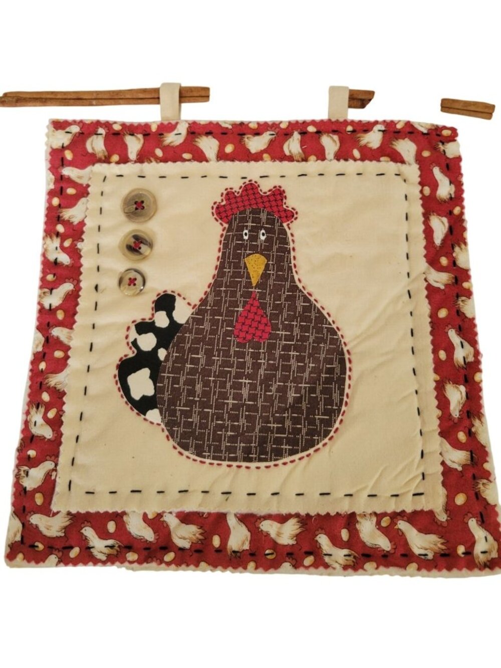 Chicken-Themed Quilted Wall Hanging With Button Accents & Rustic Stick Rod 9x10"